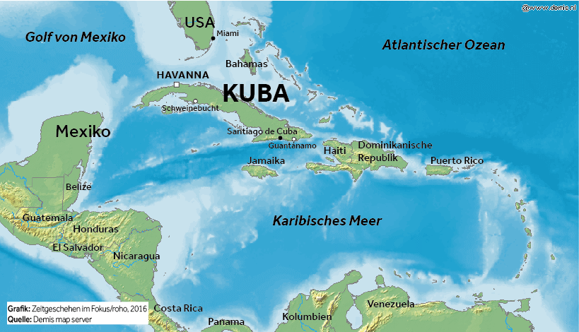 Lage von Kuba, Grafik: Zeitgeschehen im Fokus/roho, 2016; Quelle: Demis map server